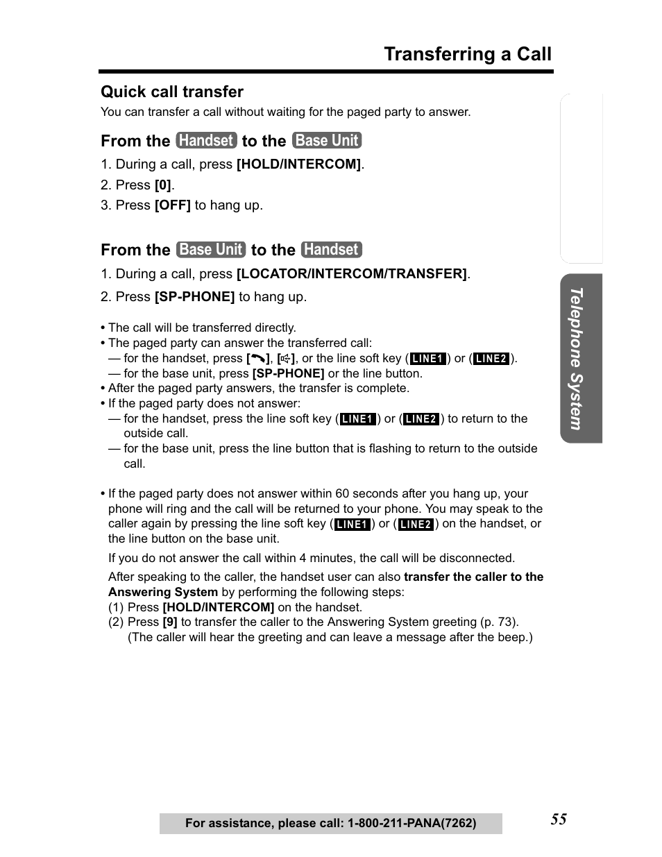 Transferring a call, Te lephone system, Quick call transfer | Handset base unit base unit handset | Panasonic KX-TG5480 User Manual | Page 55 / 100