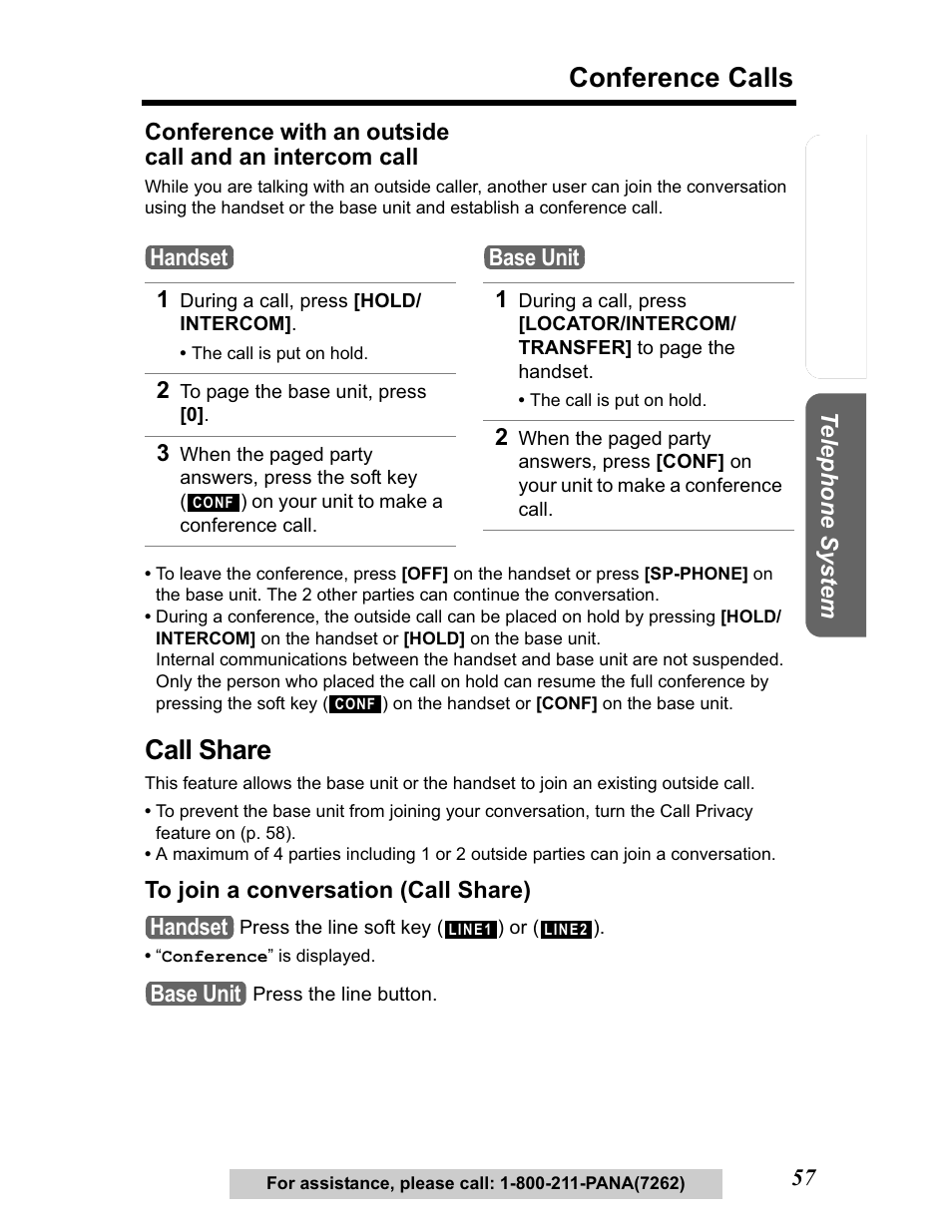 Call share, Conference calls | Panasonic KX-TG5480 User Manual | Page 57 / 100