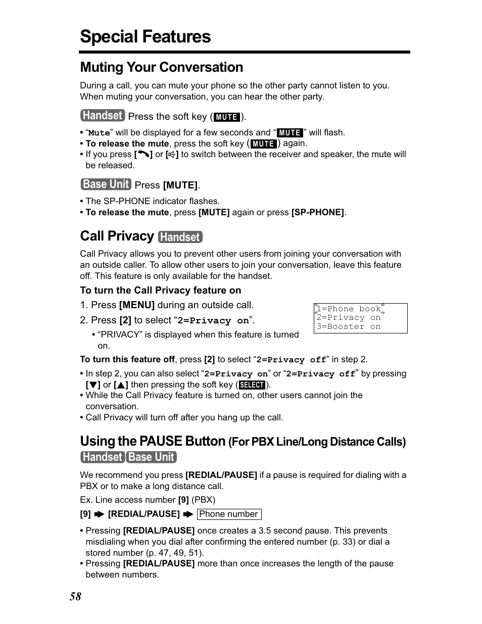 Special features, Muting your conversation, Call privacy | Using the pause button, For pbx line/long distance calls), Handset, Base unit handset, Handset base unit | Panasonic KX-TG5480 User Manual | Page 58 / 100