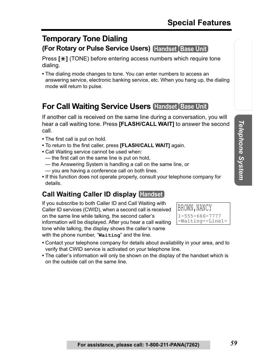 For call waiting service users, Brown,nancy, Special features | Temporary tone dialing | Panasonic KX-TG5480 User Manual | Page 59 / 100