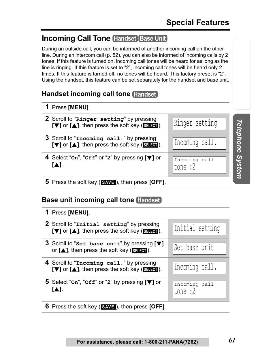 Incoming call tone, Ringer setting, Incoming call | Tone :2, Initial setting, Set base unit, Special features | Panasonic KX-TG5480 User Manual | Page 61 / 100