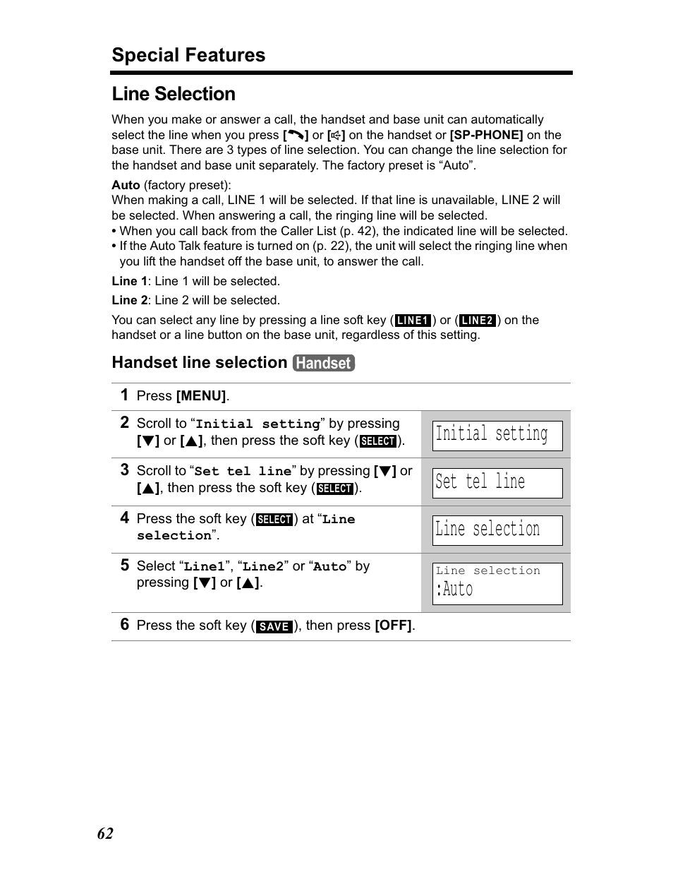 Line selection, Initial setting, Set tel line | Auto, Special features | Panasonic KX-TG5480 User Manual | Page 62 / 100