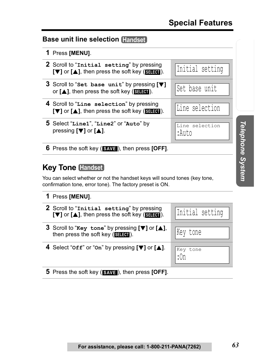 Key tone, Initial setting, Set base unit | Line selection, Auto, Special features | Panasonic KX-TG5480 User Manual | Page 63 / 100