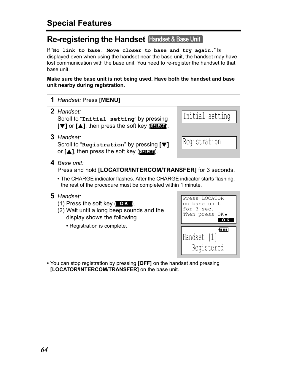 Re-registering the handset, Initial setting, Registration | Handset [1] registered, Special features, Handset & base unit | Panasonic KX-TG5480 User Manual | Page 64 / 100