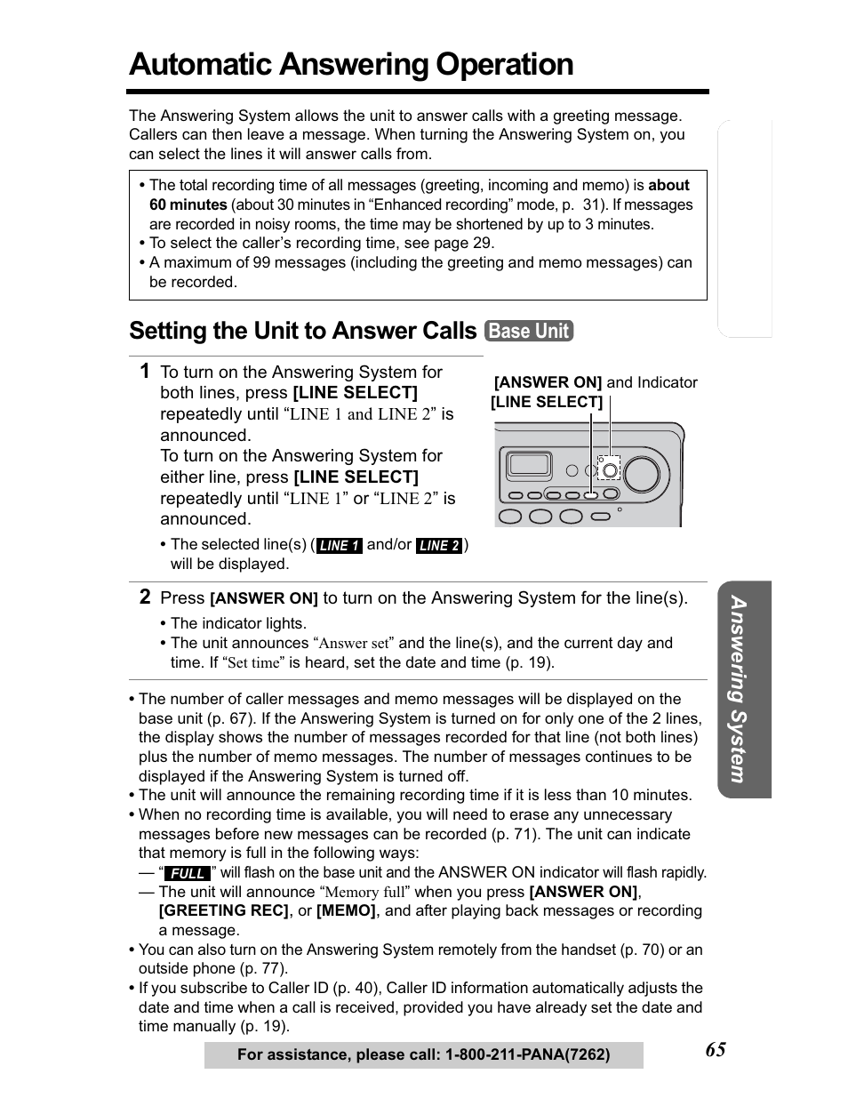 Automatic answering operation, Setting the unit to answer calls, Base unit | Panasonic KX-TG5480 User Manual | Page 65 / 100