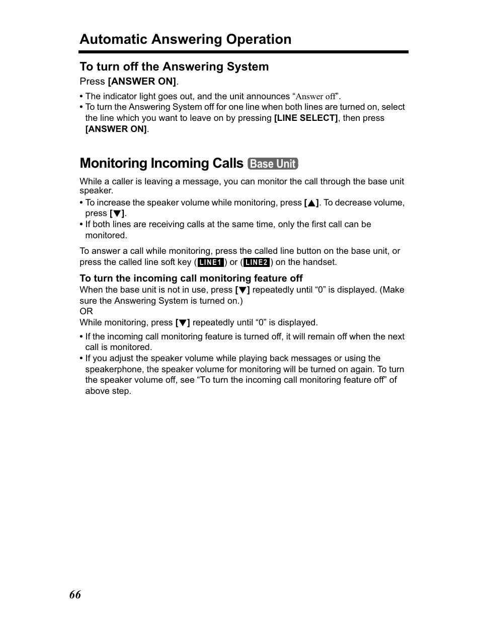 Monitoring incoming calls, Automatic answering operation, 66 to turn off the answering system | Base unit | Panasonic KX-TG5480 User Manual | Page 66 / 100