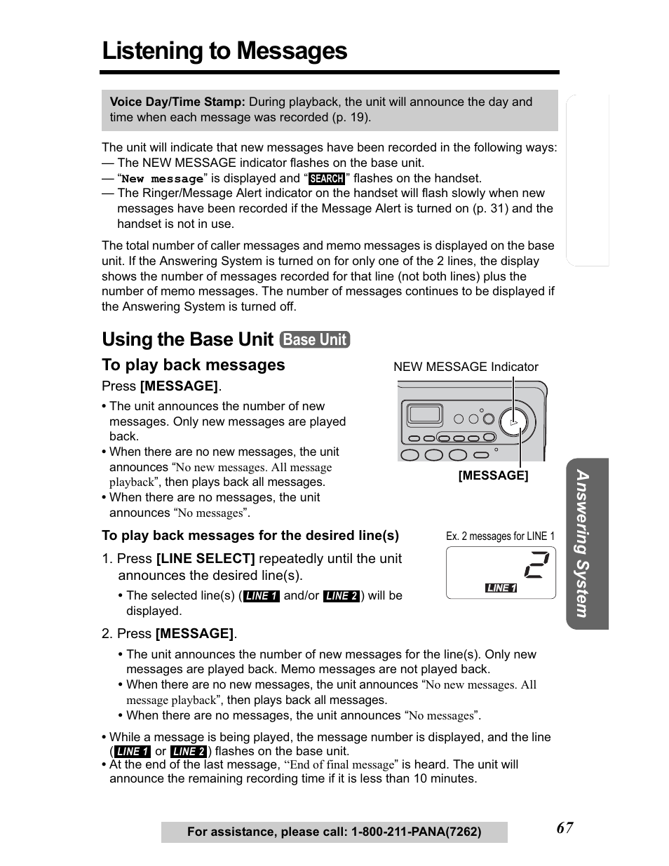 Listening to messages, Using the base unit, Base unit | Panasonic KX-TG5480 User Manual | Page 67 / 100