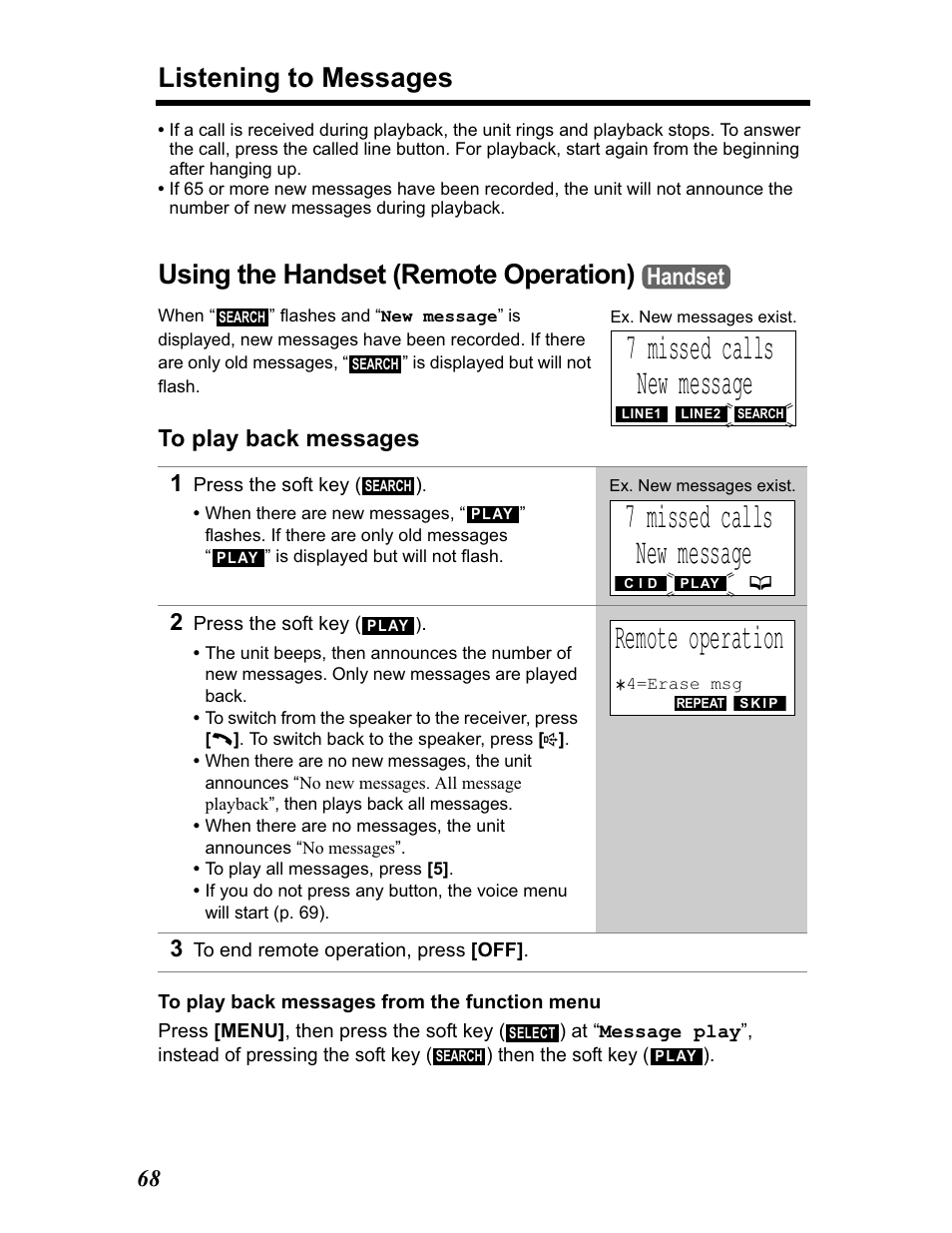 Using the handset (remote operation), 7 missed calls new message, Remote operation | Listening to messages, Handset | Panasonic KX-TG5480 User Manual | Page 68 / 100