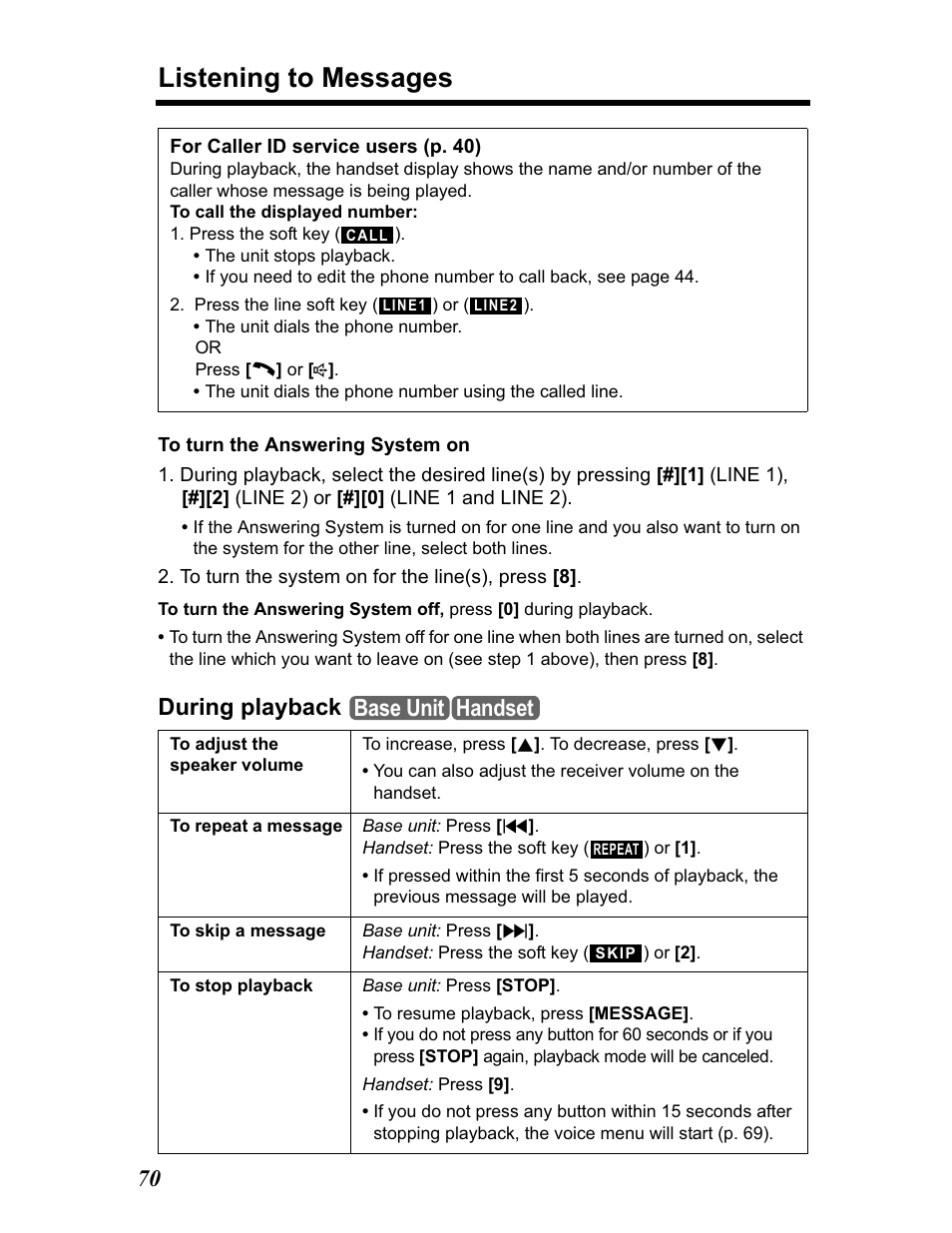 Listening to messages, During playback, Base unit handset | Panasonic KX-TG5480 User Manual | Page 70 / 100