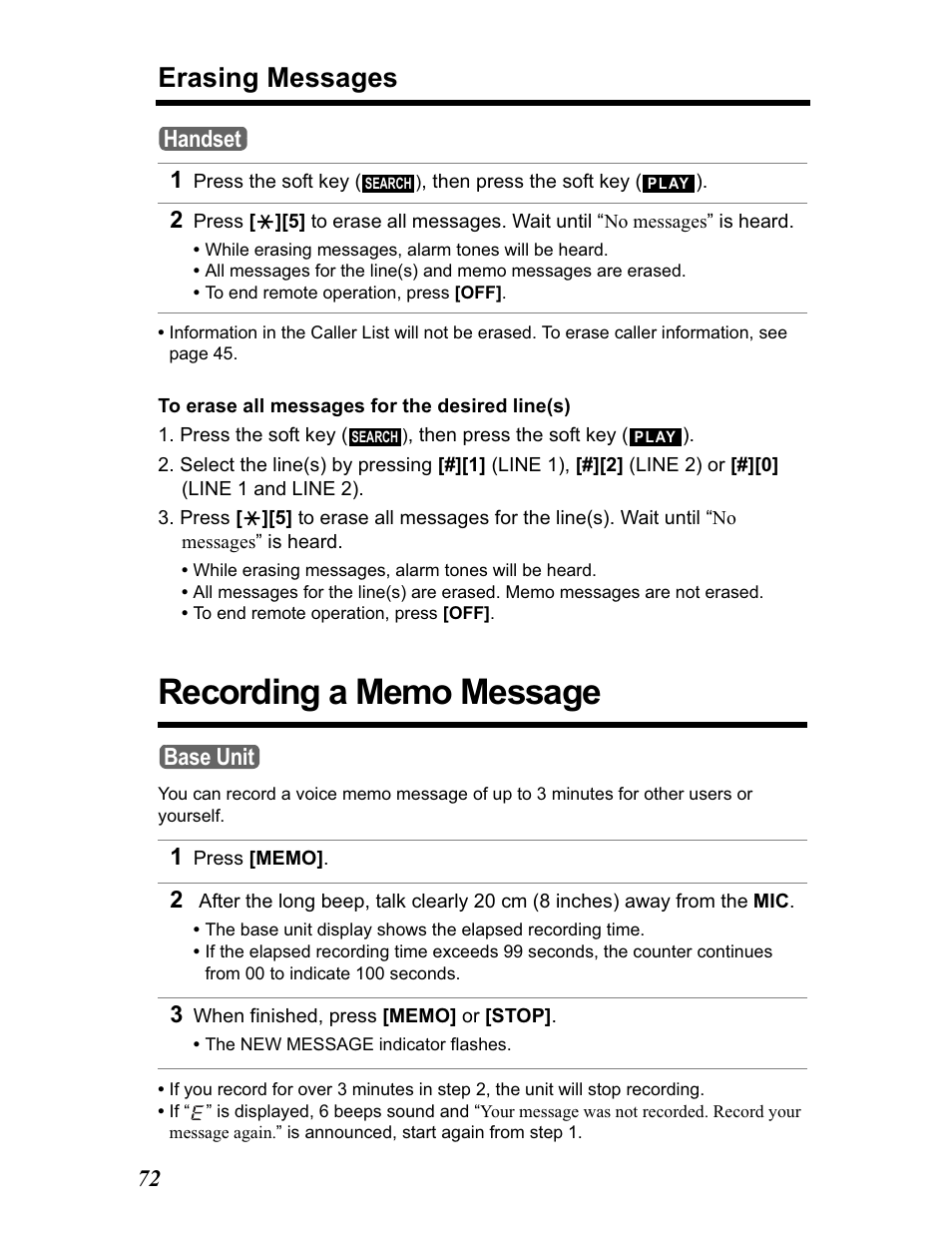 Recording a memo message, Erasing messages, Handset | Base unit | Panasonic KX-TG5480 User Manual | Page 72 / 100