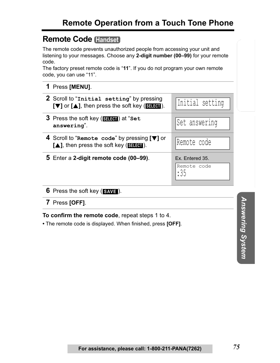 Remote code, Initial setting, Set answering | Remote operation from a touch tone phone | Panasonic KX-TG5480 User Manual | Page 75 / 100