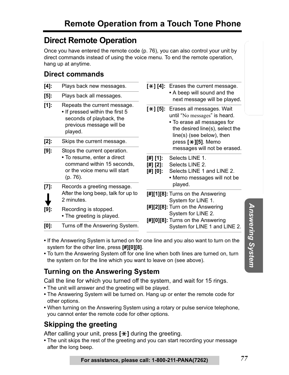 Direct remote operation, Remote operation from a touch tone phone, Te lephone system | Direct commands, Turning on the answering system, Skipping the greeting | Panasonic KX-TG5480 User Manual | Page 77 / 100