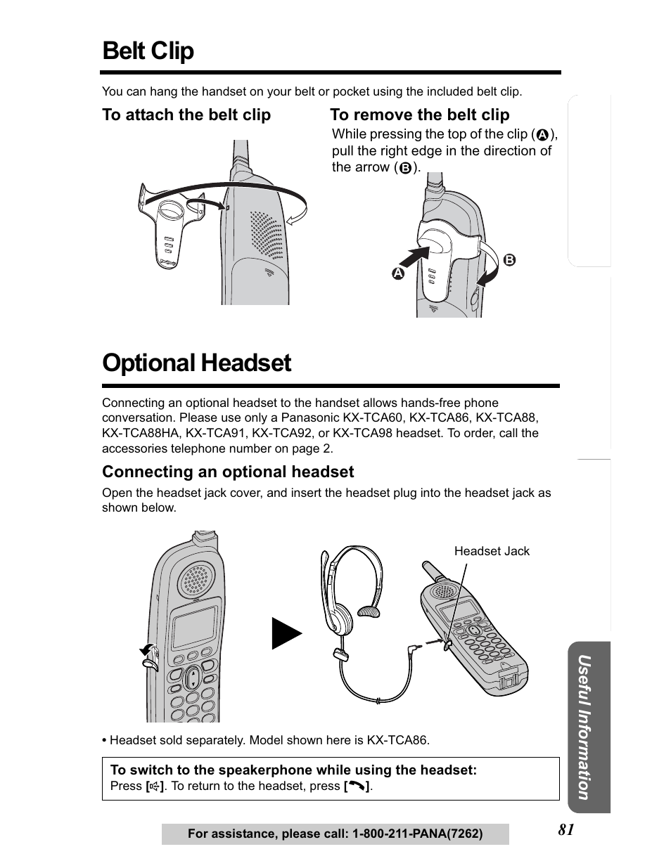 Belt clip, Optional headset | Panasonic KX-TG5480 User Manual | Page 81 / 100