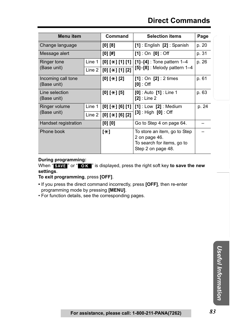Direct commands, Te lephone system | Panasonic KX-TG5480 User Manual | Page 83 / 100