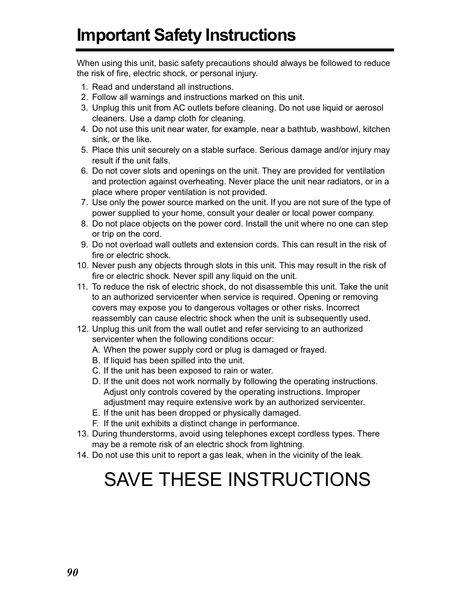 Important safety instructions, Save these instructions | Panasonic KX-TG5480 User Manual | Page 90 / 100