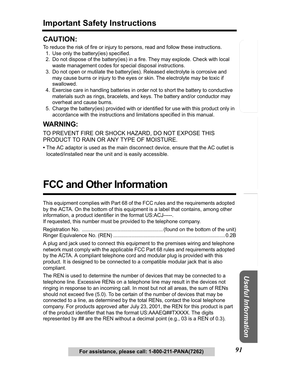 Fcc and other information, Important safety instructions | Panasonic KX-TG5480 User Manual | Page 91 / 100