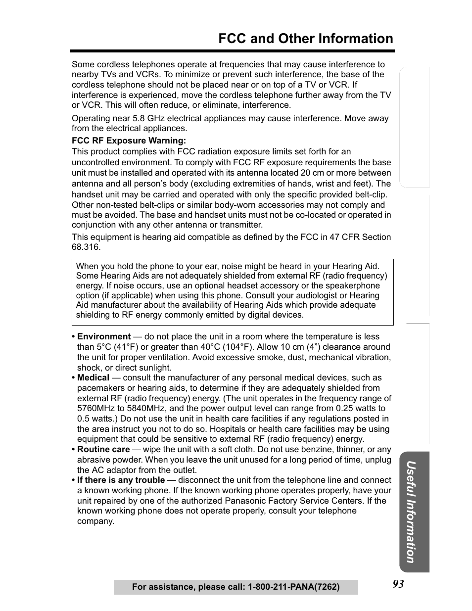 Fcc and other information, Te lephone system | Panasonic KX-TG5480 User Manual | Page 93 / 100