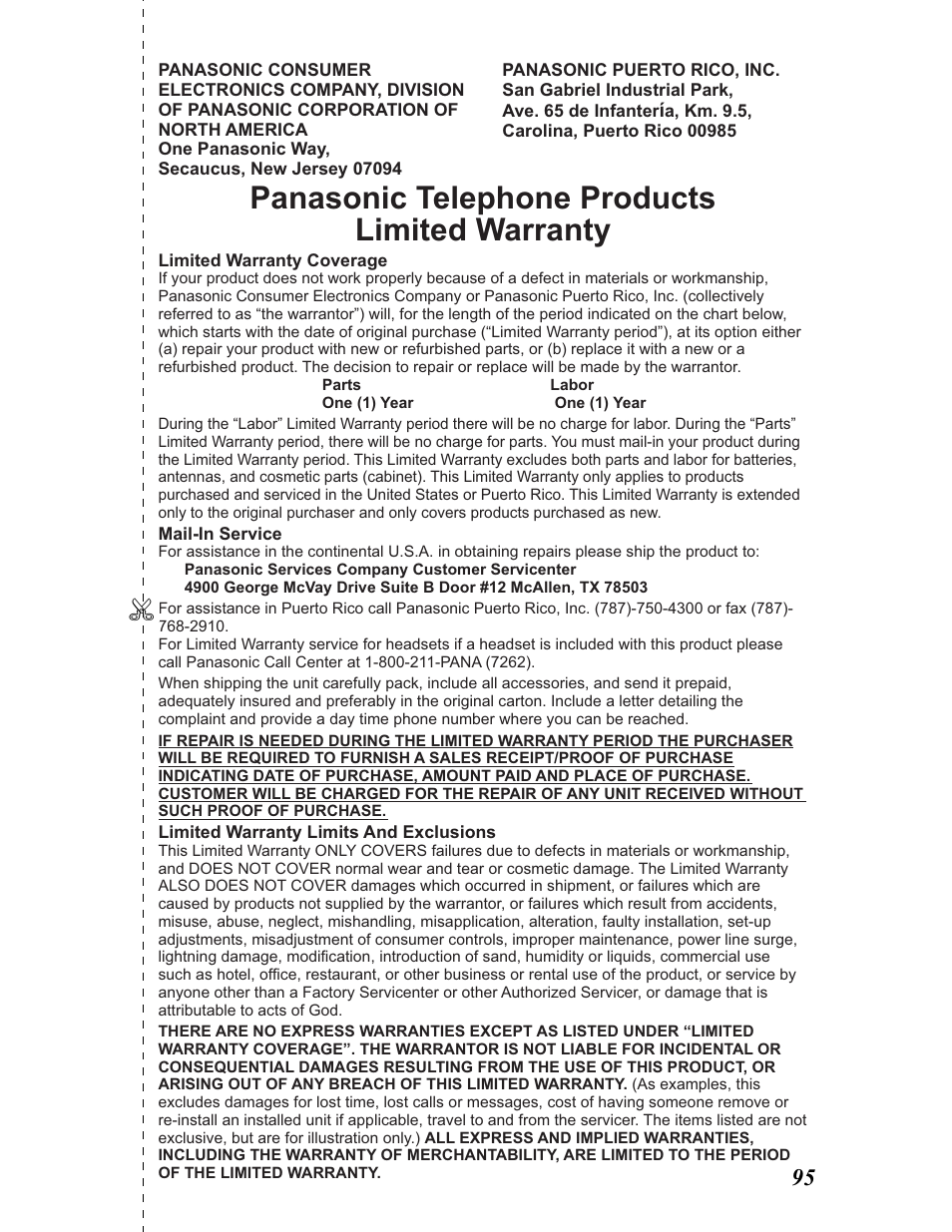 Warranty, Panasonic telephone products limited warranty | Panasonic KX-TG5480 User Manual | Page 95 / 100