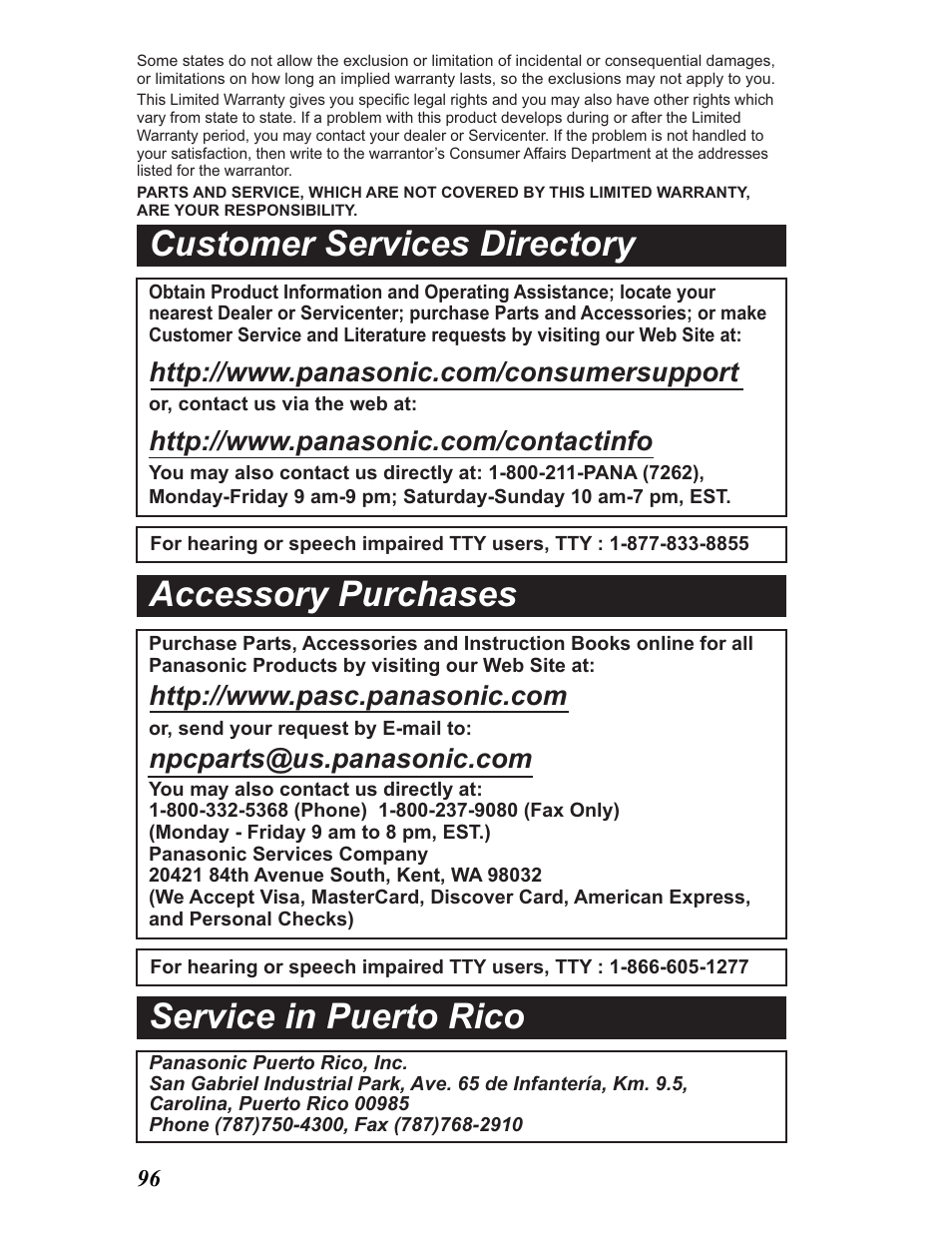 Customer services directory, Accessory purchases service in puerto rico | Panasonic KX-TG5480 User Manual | Page 96 / 100