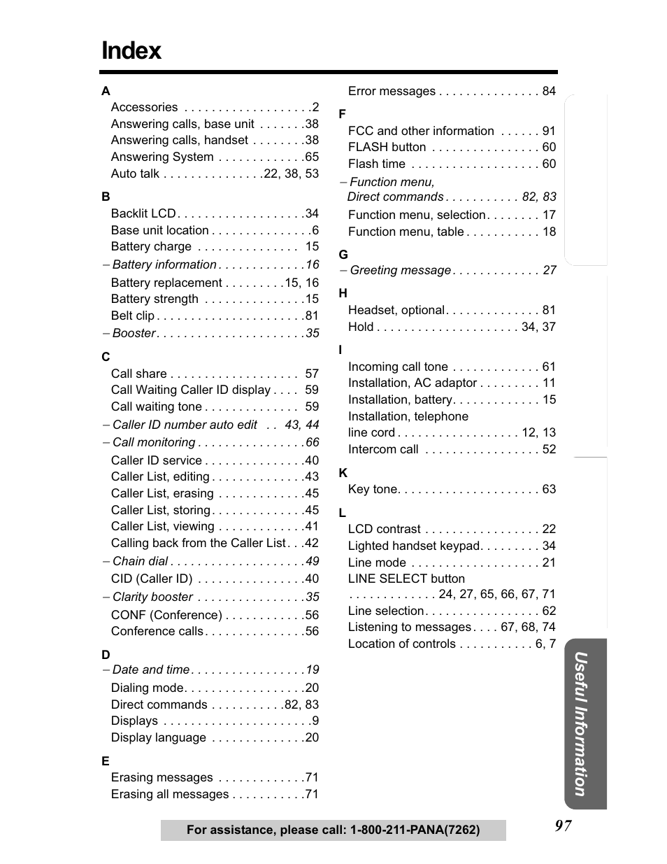 Index | Panasonic KX-TG5480 User Manual | Page 97 / 100