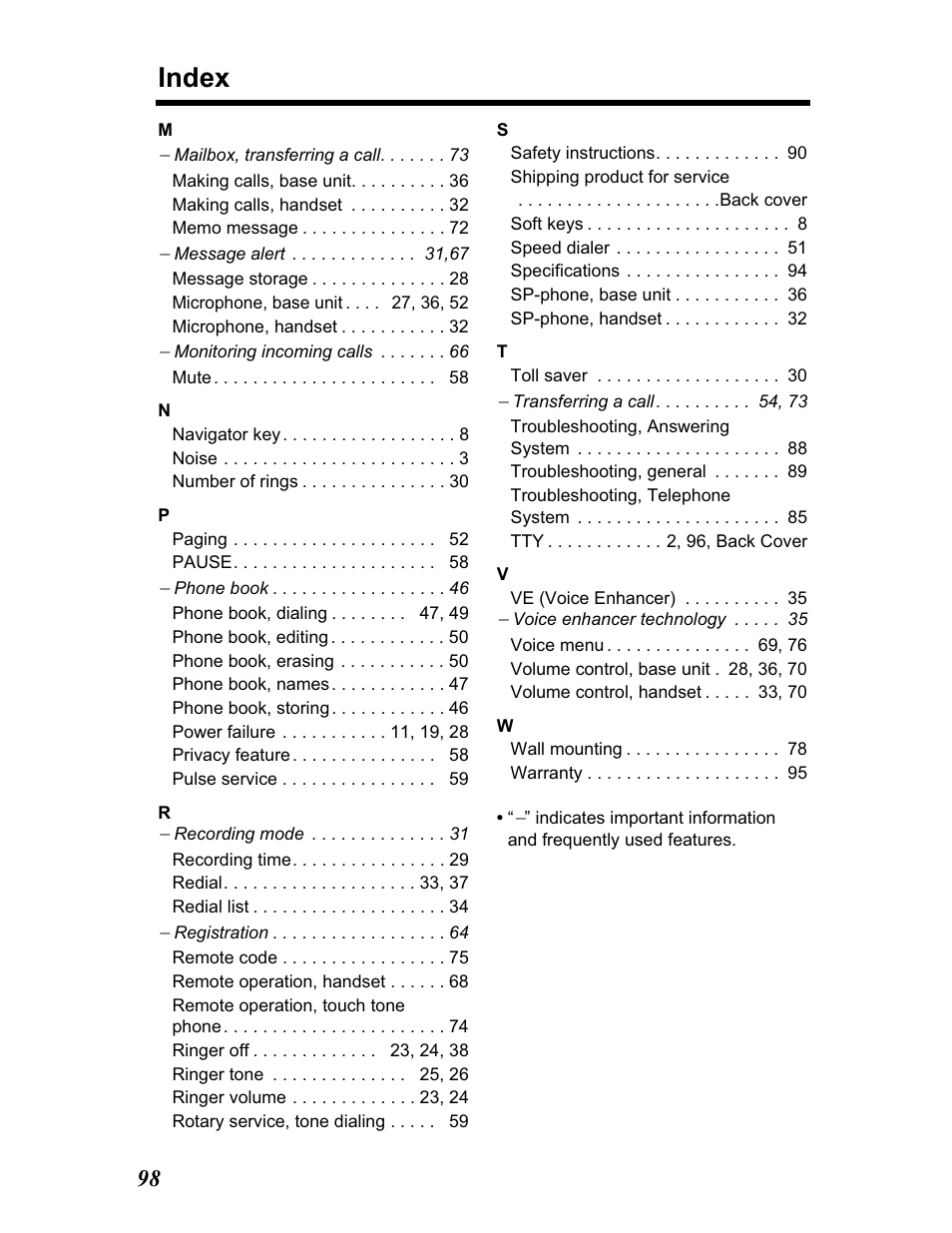 Index | Panasonic KX-TG5480 User Manual | Page 98 / 100
