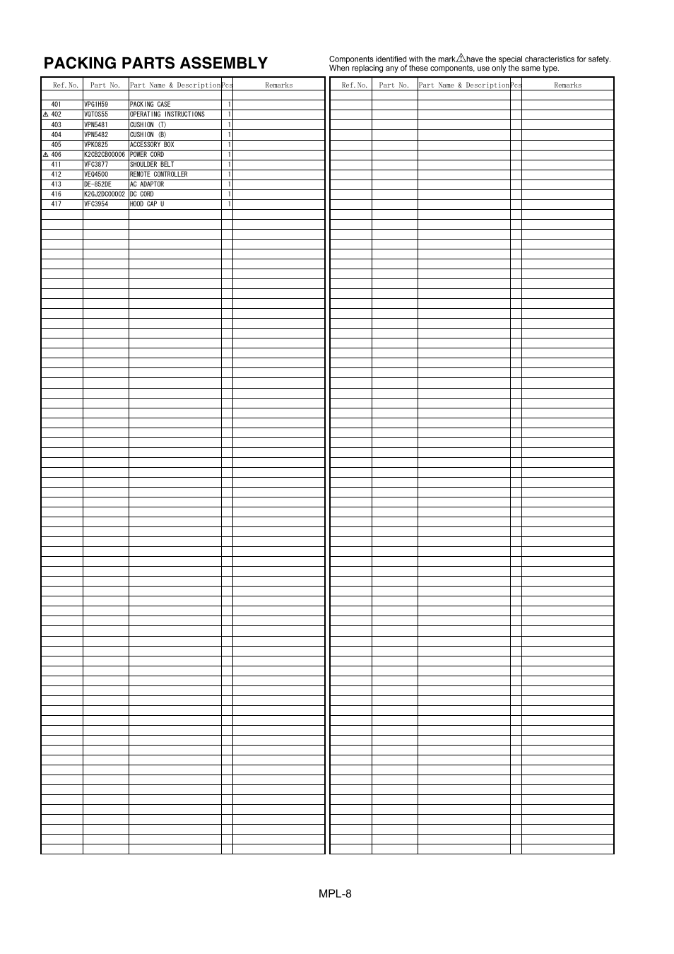 Packing parts assembly, Mpl-8 | Panasonic AG-DVC20P User Manual | Page 9 / 9