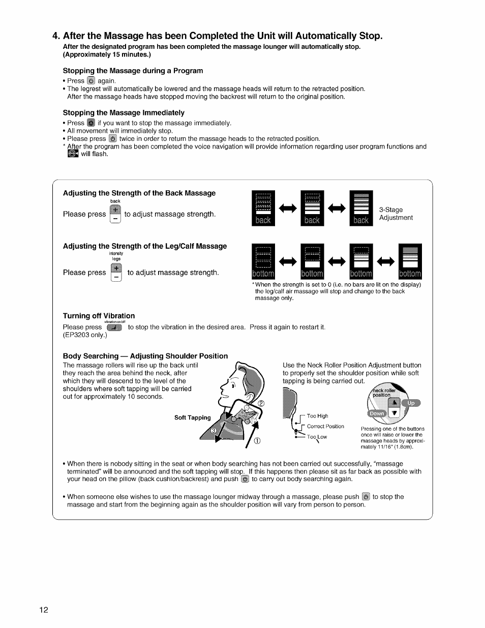Stopping the massage during a program, Stopping the massage immediately, Adjusting the strength of the back massage | Adjusting the strength of the leg/calf massage, Turning off vibration, Body searching — adjusting shoulder position | Panasonic EP3203 User Manual | Page 14 / 98