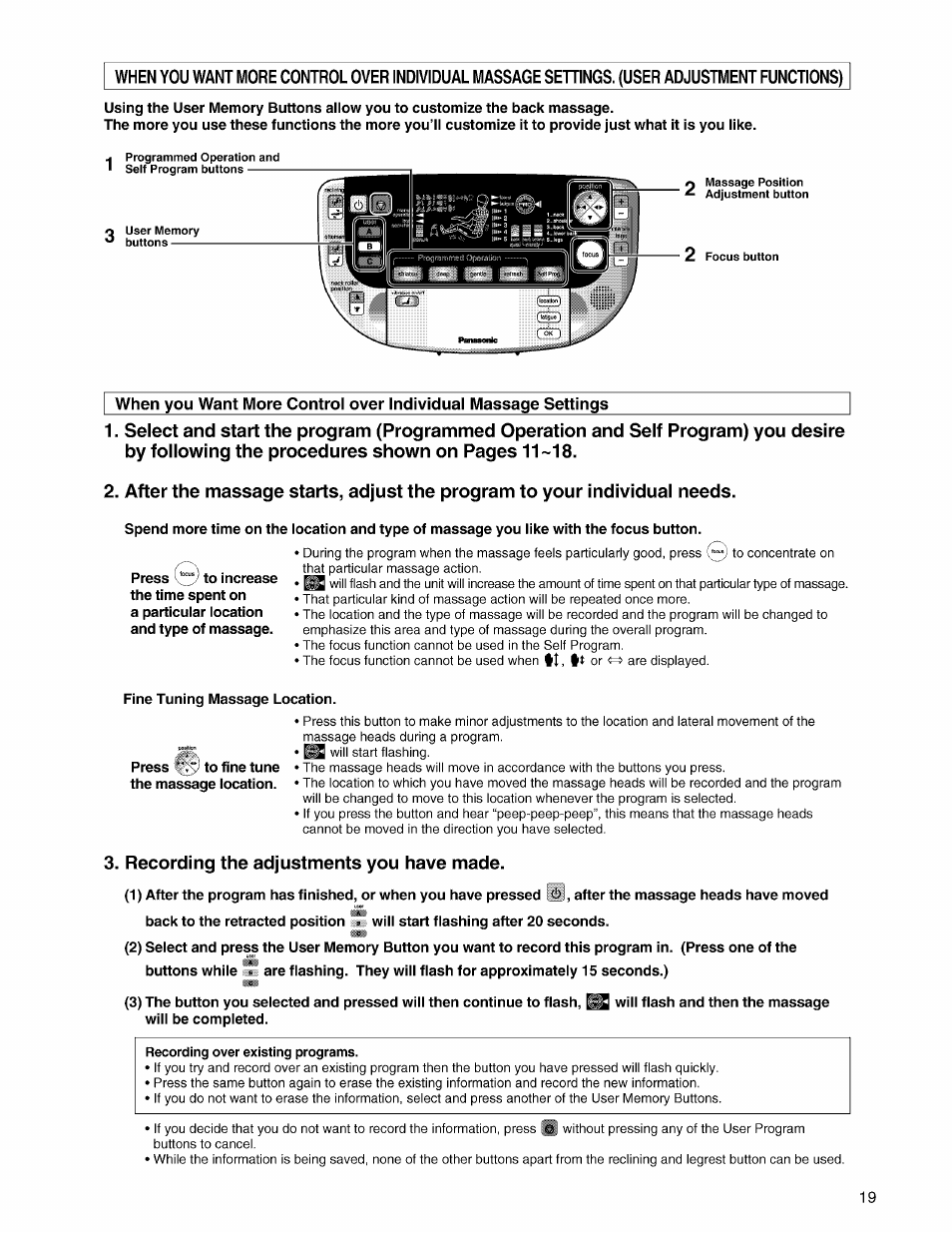 Fine tuning massage location, Recording the adjustments you have made | Panasonic EP3203 User Manual | Page 21 / 98