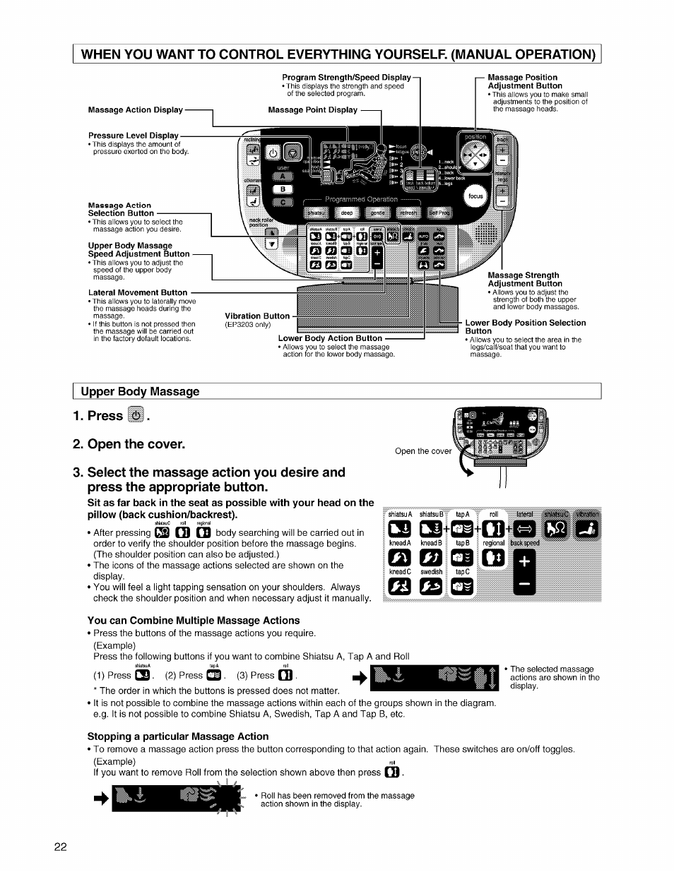 Upper body massage, Press 6l, Open the cover | You can combine multiple massage actions, Stopping a particular massage action, S g) q | Panasonic EP3203 User Manual | Page 24 / 98