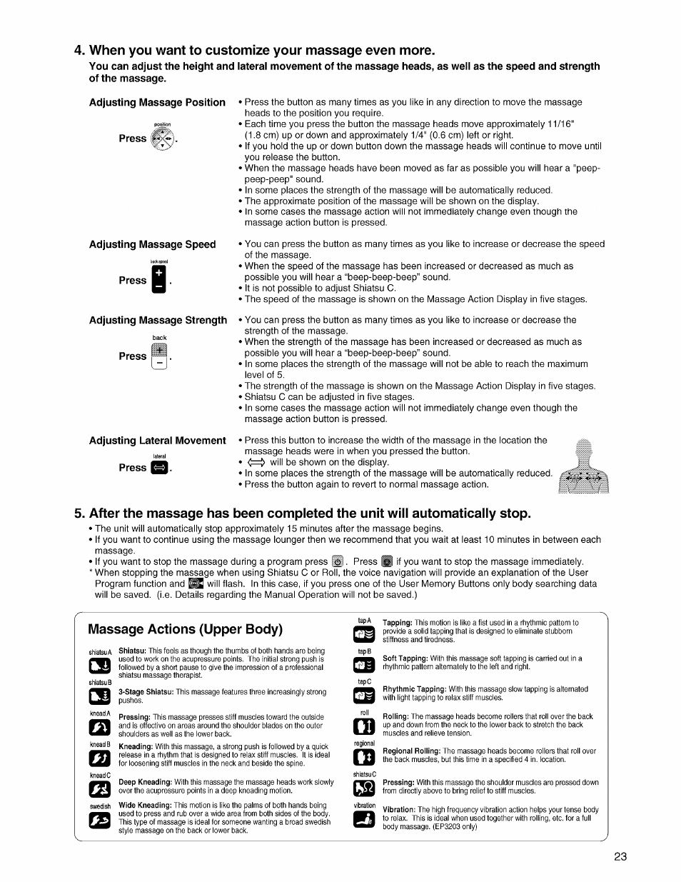 When you want to customize your massage even more, Massage actions (upper body) | Panasonic EP3203 User Manual | Page 25 / 98