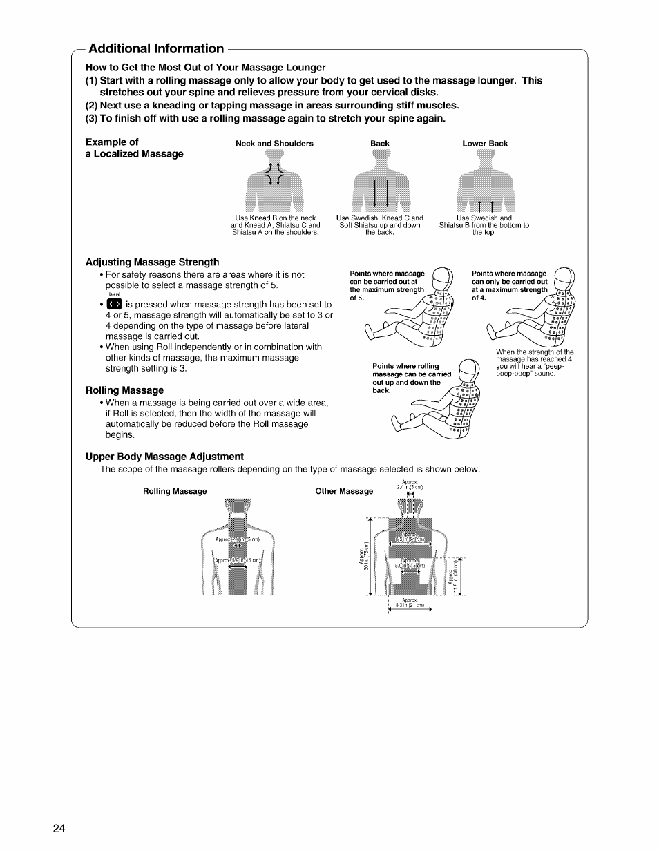 Additional information, Exam pie of a locaiized massage, Adjusting massage strength | Rolling massage, Upper body massage adjustment | Panasonic EP3203 User Manual | Page 26 / 98