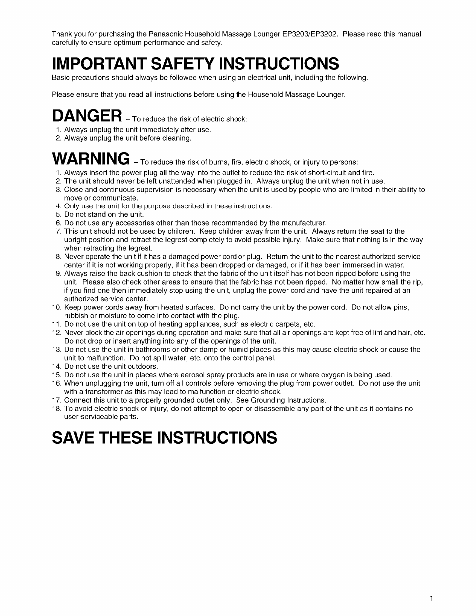 Important safety instructions, Danger, Warning | Save these instructions | Panasonic EP3203 User Manual | Page 3 / 98