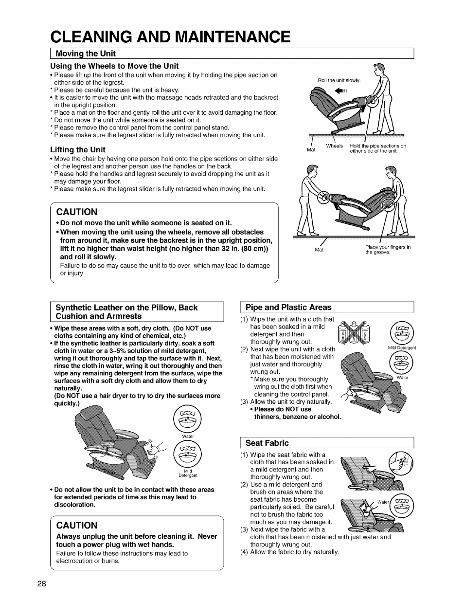 Moving the unit, Using the wheels to move the unit, Lifting the unit | Caution, Pipe and plastic areas, Seat fabric, Cleaning and maintenance | Panasonic EP3203 User Manual | Page 30 / 98