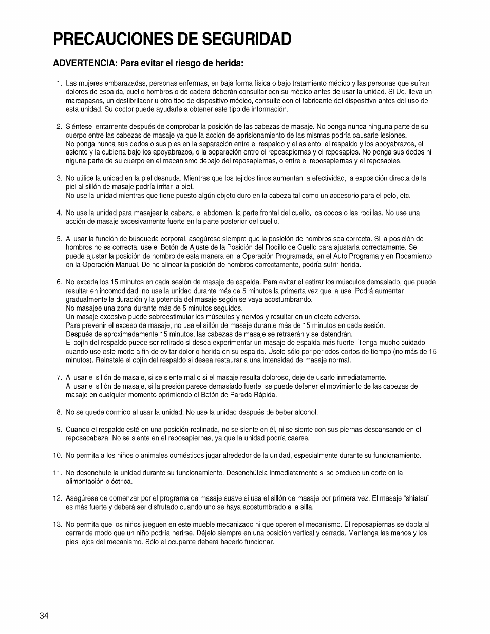 Advertencia: para evitar el riesgo de herida, Precauciones de seguridad | Panasonic EP3203 User Manual | Page 36 / 98