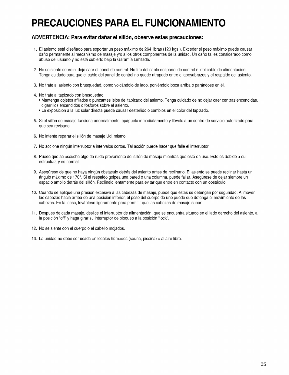 Precauciones para el funcionamiento | Panasonic EP3203 User Manual | Page 37 / 98