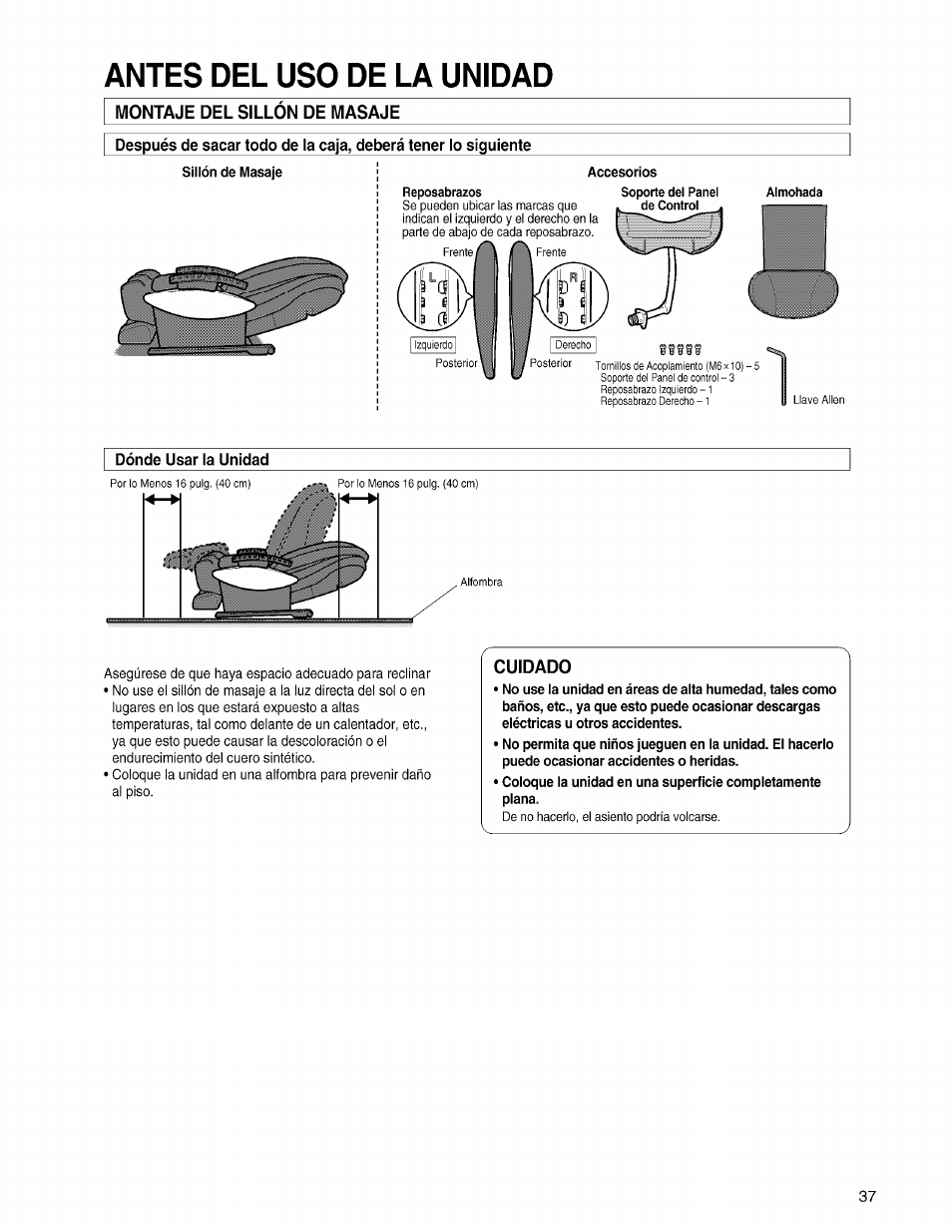 Montaje del sillon de masaje, Dónde usar la unidad, Antes del uso de la unidad | Panasonic EP3203 User Manual | Page 39 / 98