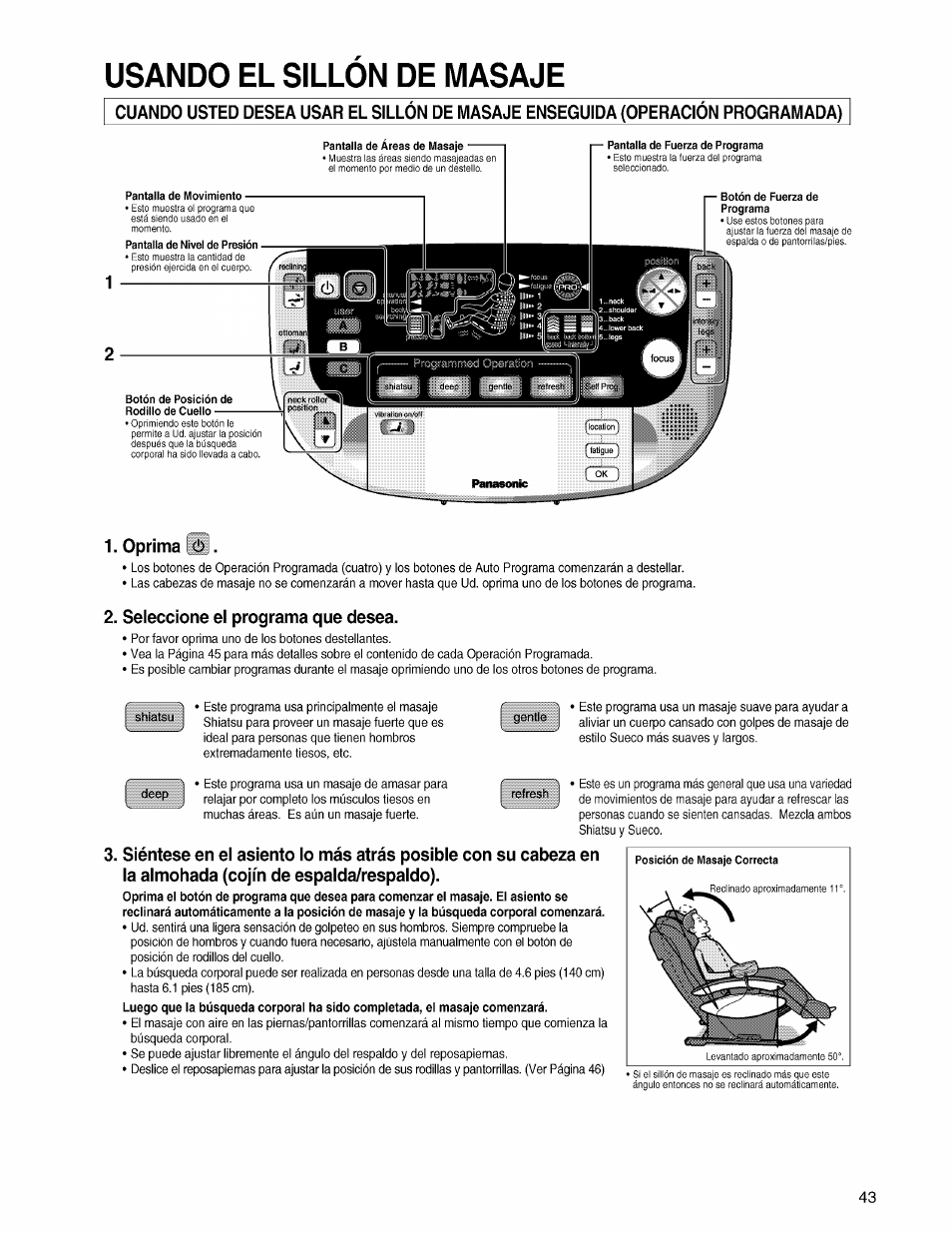 Oprima l^l, Seleccione el programa que desea, Usando el sillon de masaje | Panasonic EP3203 User Manual | Page 45 / 98