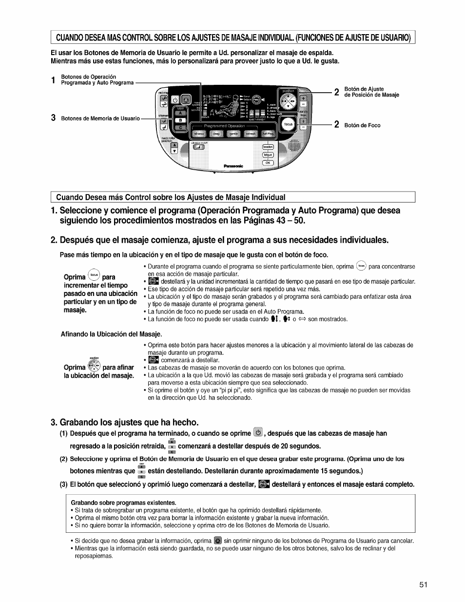 Afinando la ubicación del masaje, Grabando los ajustes que ha hecho | Panasonic EP3203 User Manual | Page 53 / 98