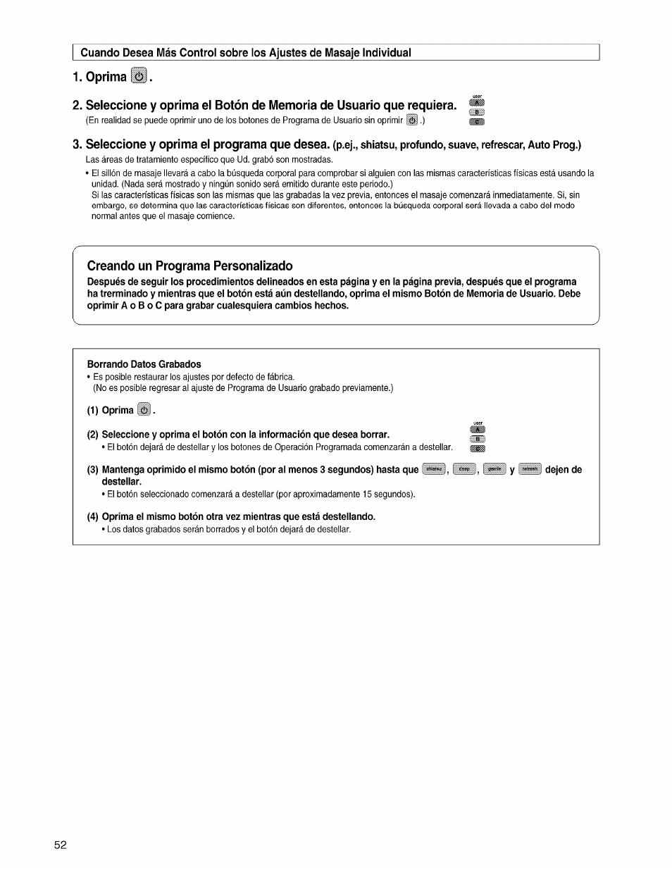 Oprima ól, Creando un programa personalizado, Borrando datos grabados | Dejen de | Panasonic EP3203 User Manual | Page 54 / 98