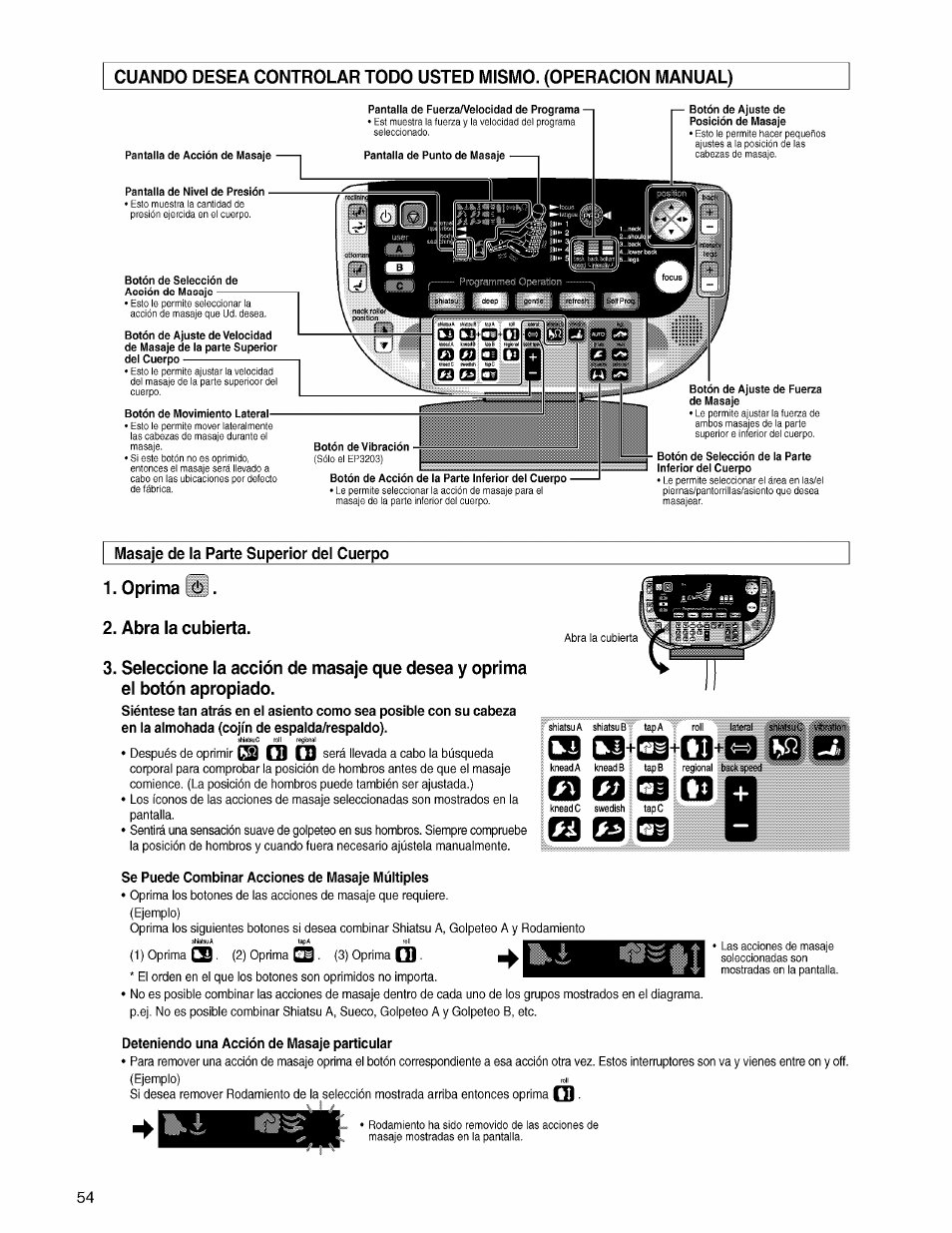 Masaje de la parte superior del cuerpo, Oprima \(b, Abra la cubierta | Se puede combinar acciones de masaje múltiples, Deteniendo una acción de masaje particular | Panasonic EP3203 User Manual | Page 56 / 98