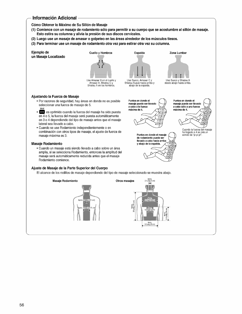 Información adicional, Ejemplo de un masaje localizado, Ajustando la fuerza de masaje | Masaje rodamiento, Ajuste de masaje de la parte superior del cuerpo, Apro' .'iii :■) cm), Ii 1f | Panasonic EP3203 User Manual | Page 58 / 98