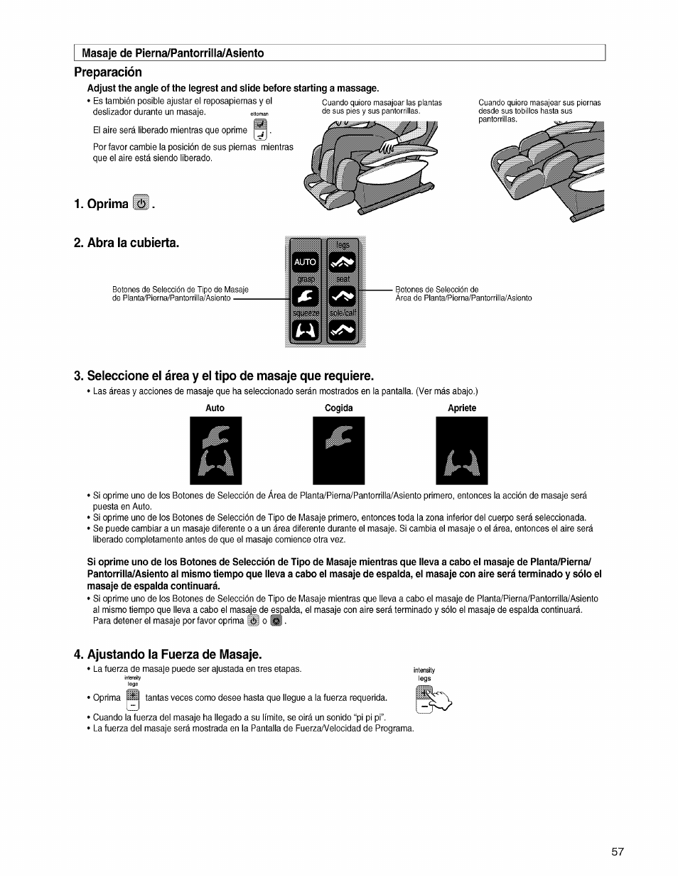 Masaje de pierna/pantorrilla/asiento, Preparación, Oprima kü | Ajustando la fuerza de masaje | Panasonic EP3203 User Manual | Page 59 / 98