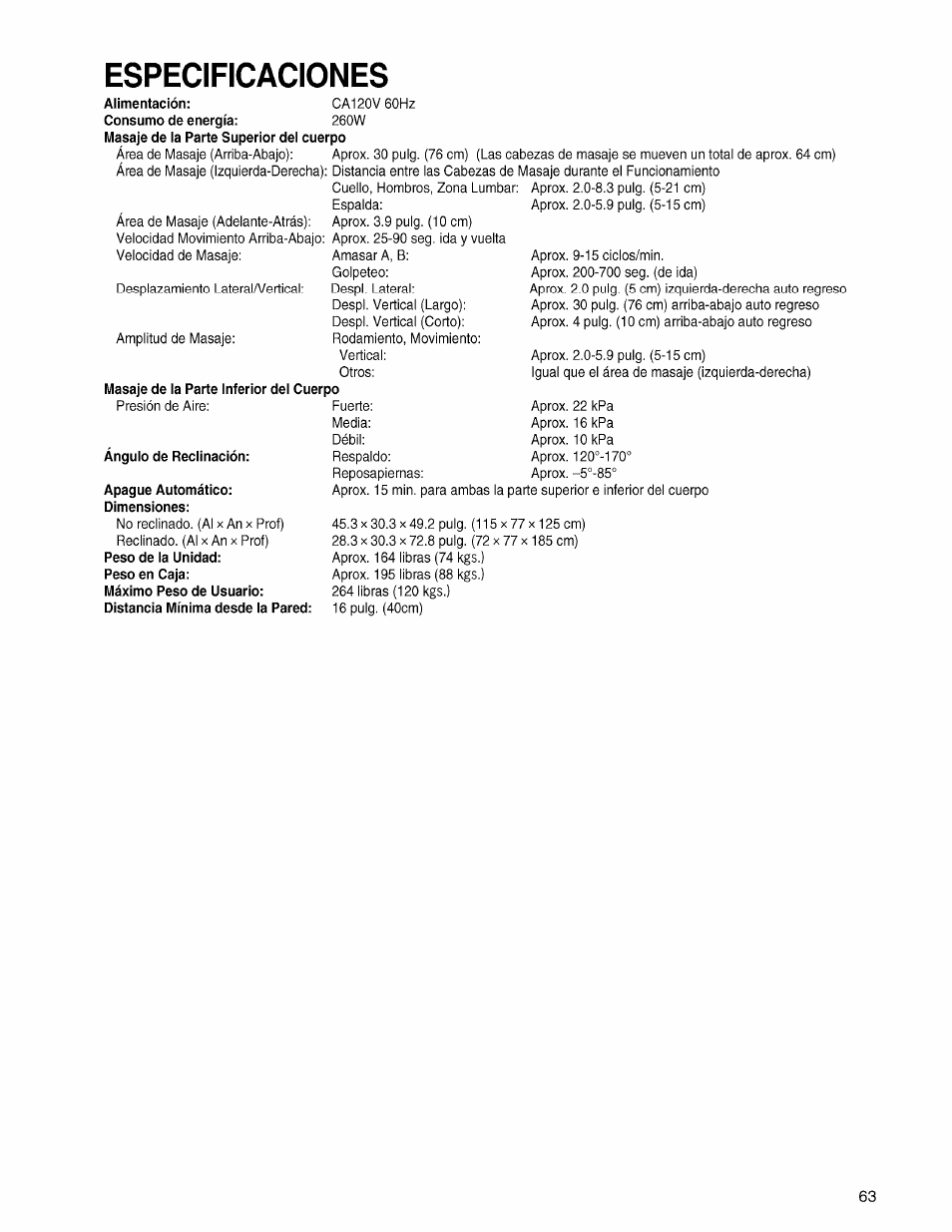 Angulo de reclinación, Apague automático: dimensiones, Especificaciones | Panasonic EP3203 User Manual | Page 65 / 98