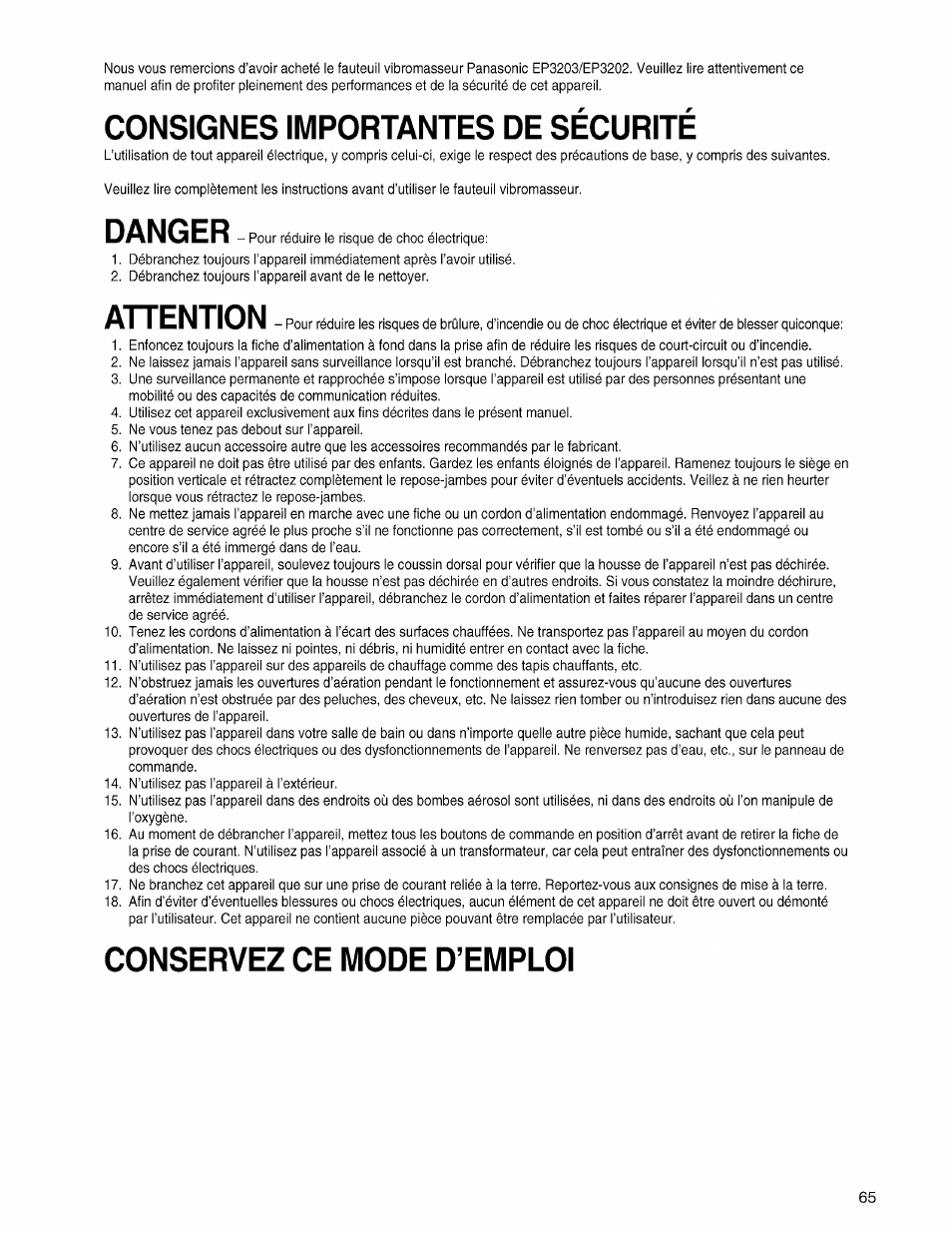 Consignes importantes de sécurité, Danger, Attention | Conservez ce mode d’emploi | Panasonic EP3203 User Manual | Page 67 / 98