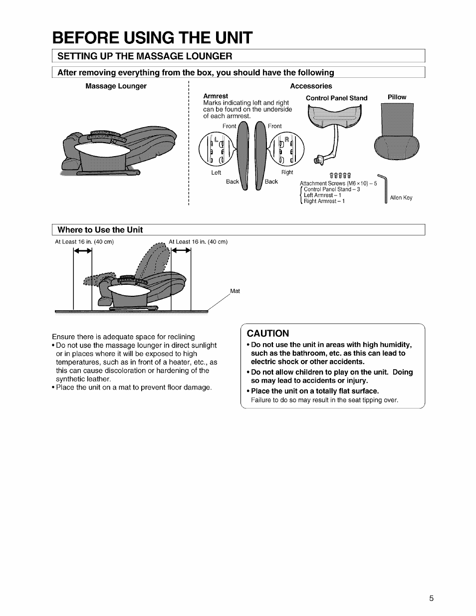 Massage lounger, Where to use the unit, Before using the unit | Panasonic EP3203 User Manual | Page 7 / 98