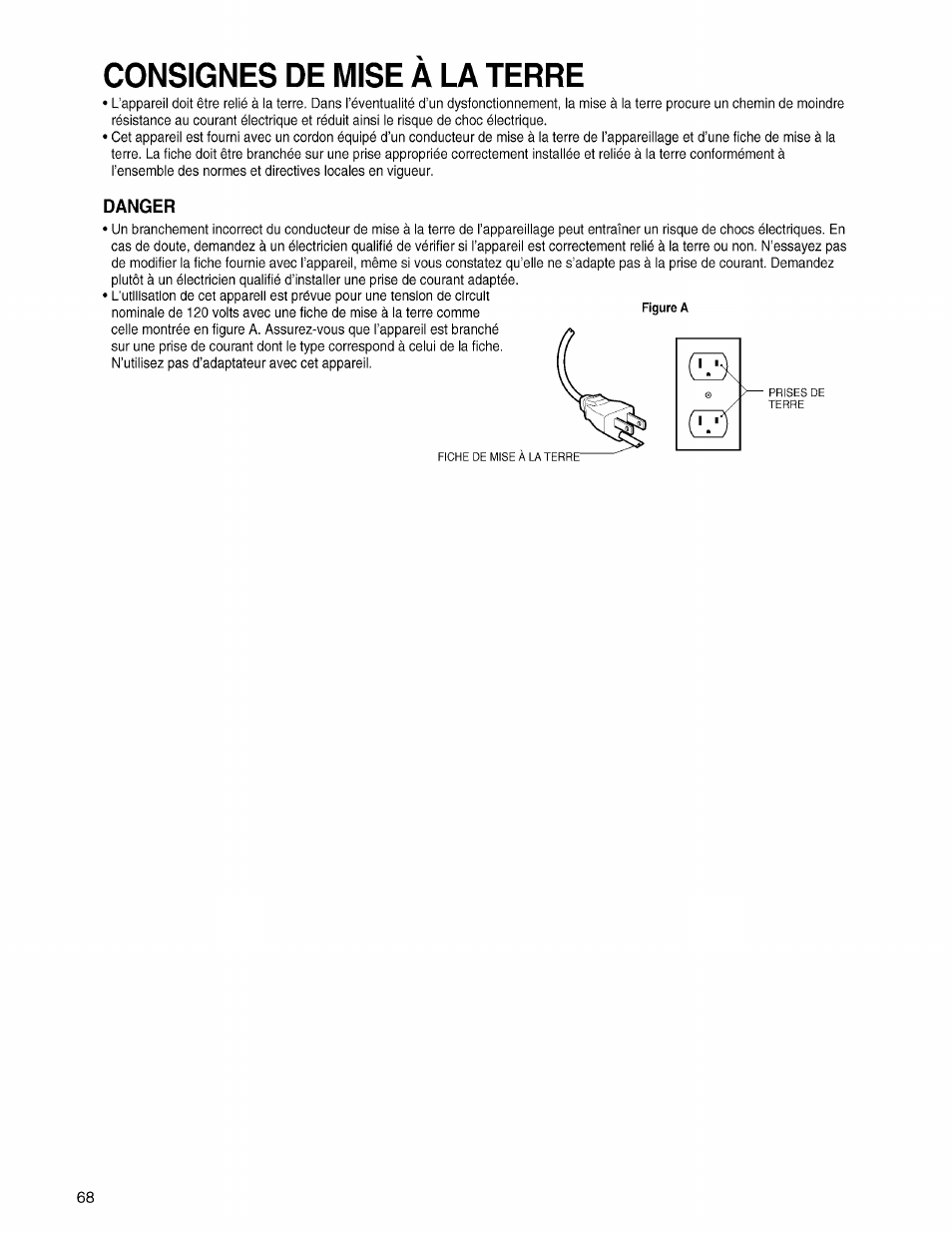 Danger, Consignes de mise a la terre | Panasonic EP3203 User Manual | Page 70 / 98