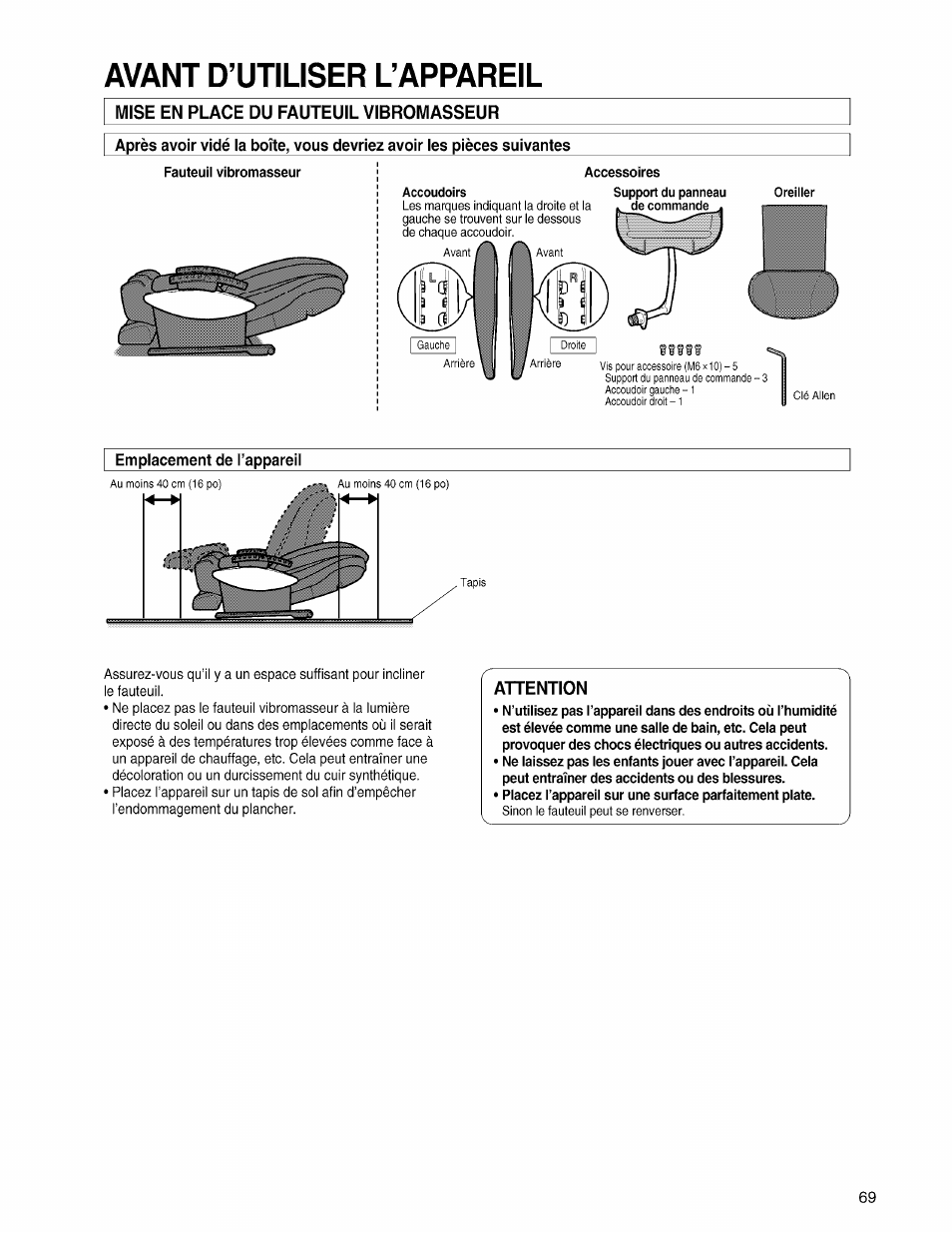 Fauteuil vibromasseur, Emplacement de l’appareil, Avant d’utiliser l’appareil | Panasonic EP3203 User Manual | Page 71 / 98