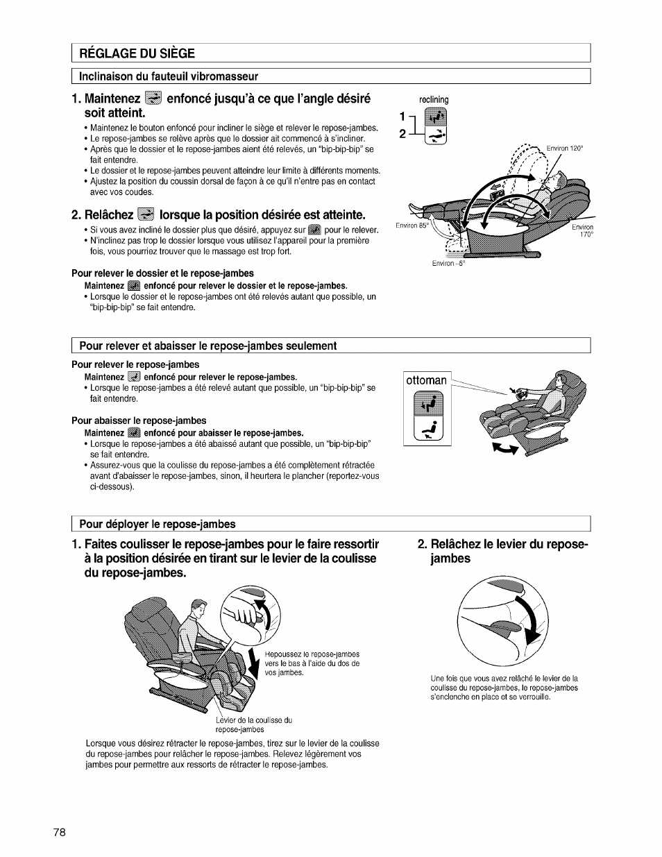 Inclinaison du fauteuil vibromasseur, Pour relever le dossier et le repose-jambes, Pour abaisser le repose-jambes | Pour déployer le repose-jambes, Reglage du siege | Panasonic EP3203 User Manual | Page 80 / 98