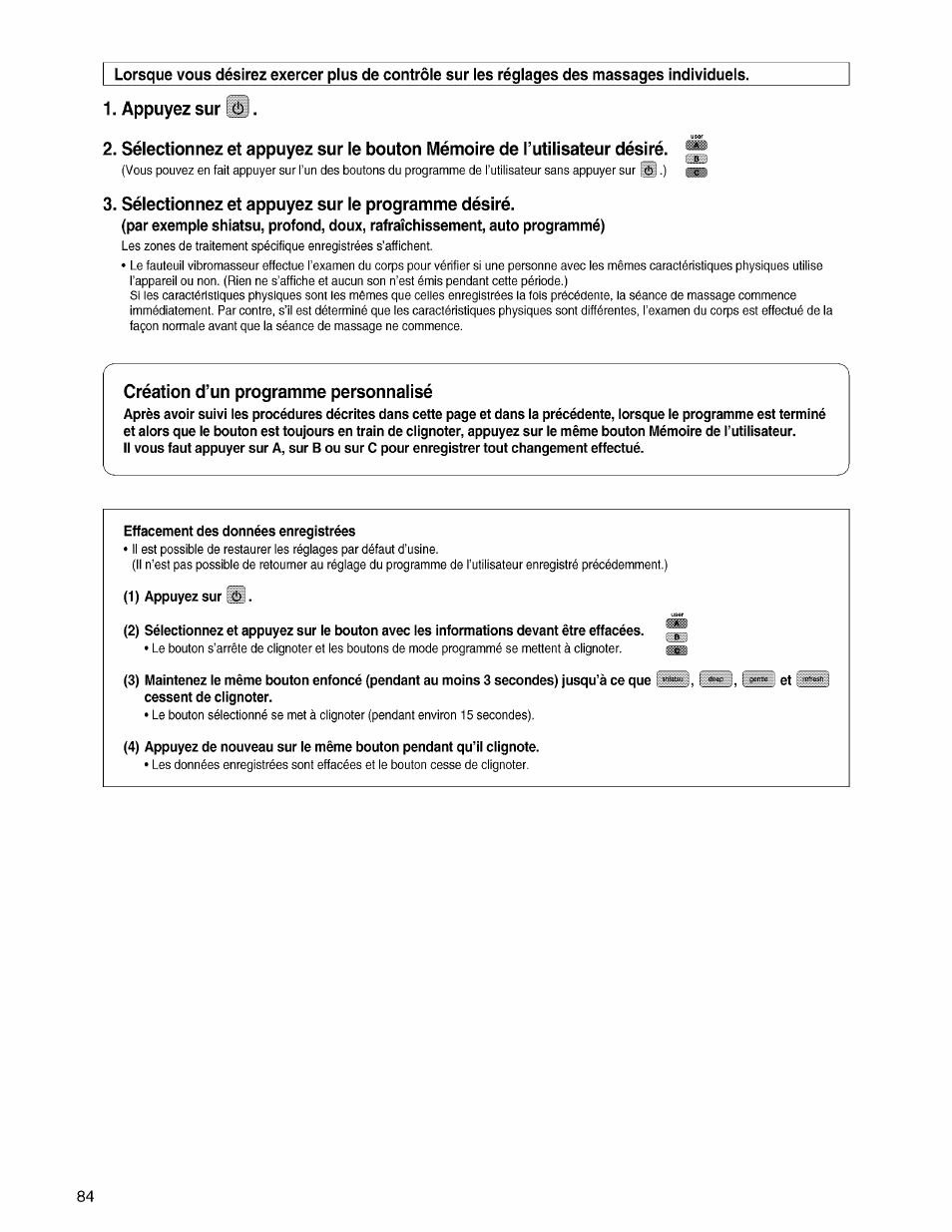 Sélectionnez et appuyez sur le programme désiré, Création d’un programme personnalisé, Effacement des données enregistrées | 1) appuyez sur | Panasonic EP3203 User Manual | Page 86 / 98