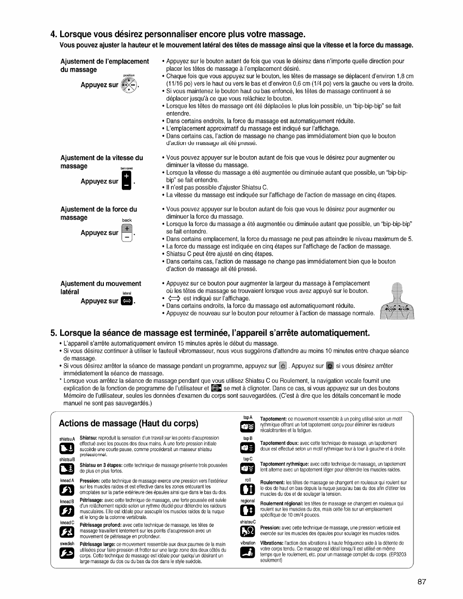 Ajustement de l’emplacement du massage, Ajustement de la vitesse du massage backspeed, Ajustement de la force du massage | Appuyez sur, Ajustement du mouvement, Actions de massage (haut du corps) | Panasonic EP3203 User Manual | Page 89 / 98